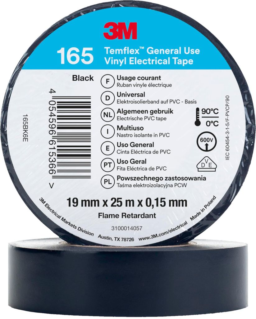 3M Temflex Vinyl-Isolierband 165 19 mm x 25 m Schwarz, 10 Rollen