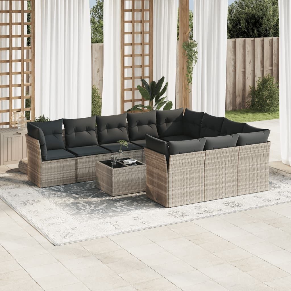 Industrie-Stil 11-tlg. Garten-Sofagarnitur Sofa Set mit Kissen Hellgrau Poly Rattan Terrassenmöbel2024 cloris