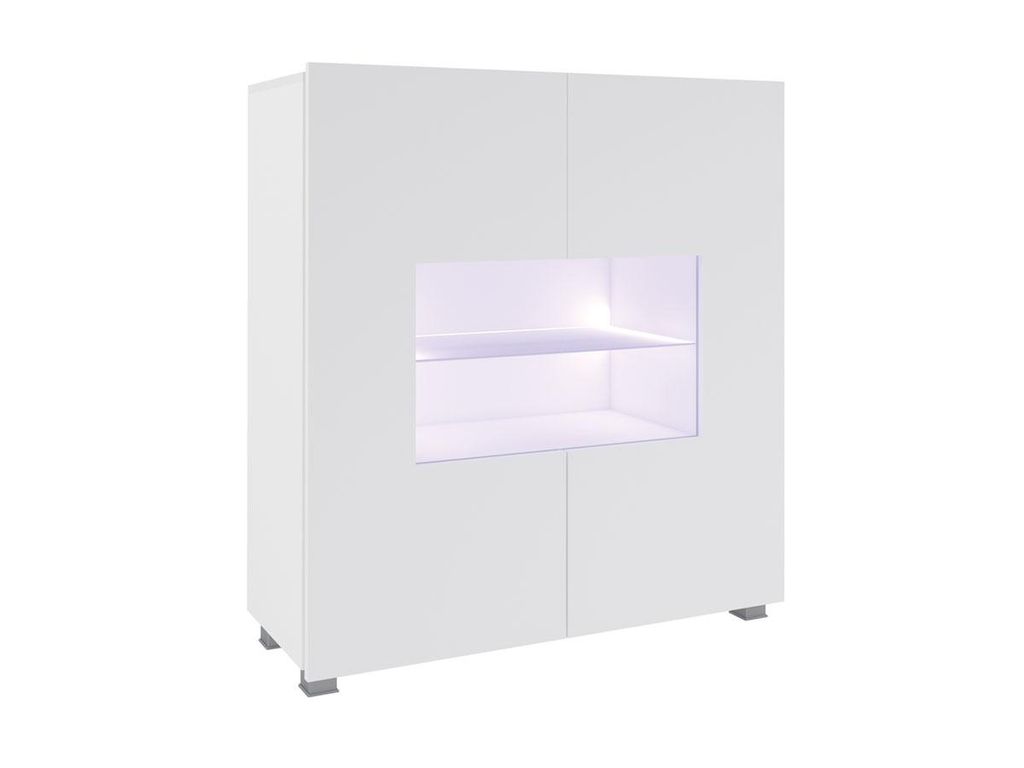 A white, modern cabinet with a lit display niche.