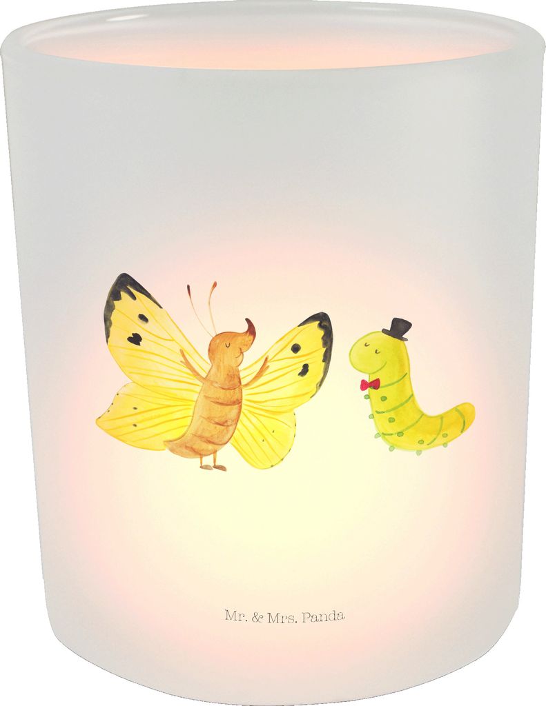 Mr. & Mrs. Panda Windlicht Glas Raupe Schmetterling - Transparent - Geschenk, Teelichthalter, Kokon, Outdoor Kerzenhalter, Zitronenfalter, Hut, Ent...