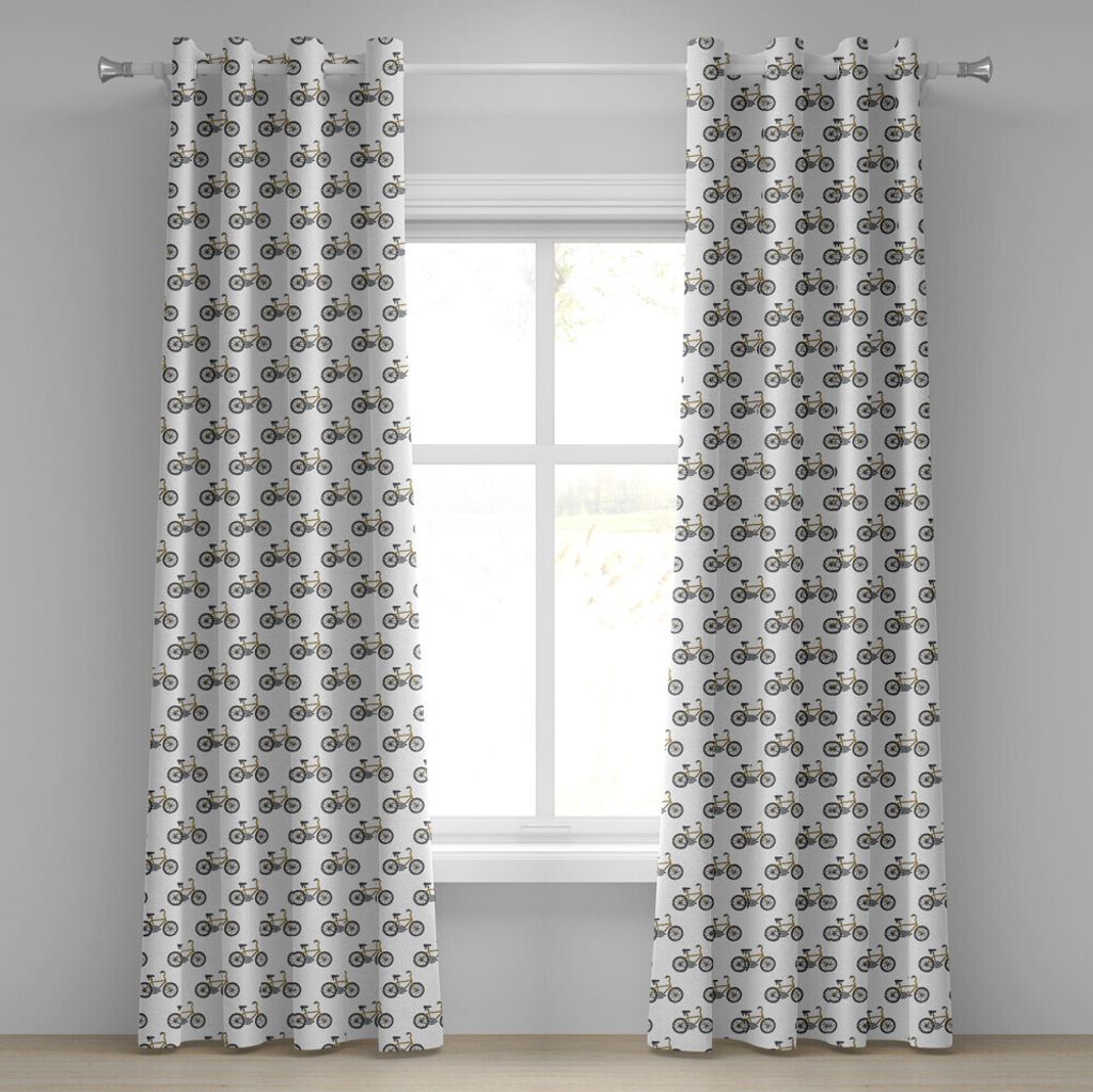 ABAKUHAUS Fahrrad Ösenvorhang, Hand Gezeichnetes Gekritzel Radfahrenthema Gelber Fahrrad Freizeit Straßen Kunst, Dekorative 2-Panel-Fenstervorhä...