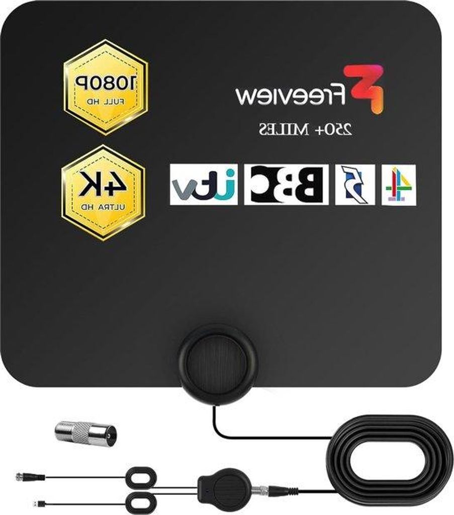 Digitale TV-Antenne für Innenraum - 250+ Meilen Reichweite - 360° Empfang - Ultraleicht - Verbessertes 4K 1080p HD VHF UHF - Booster-Antenne für...