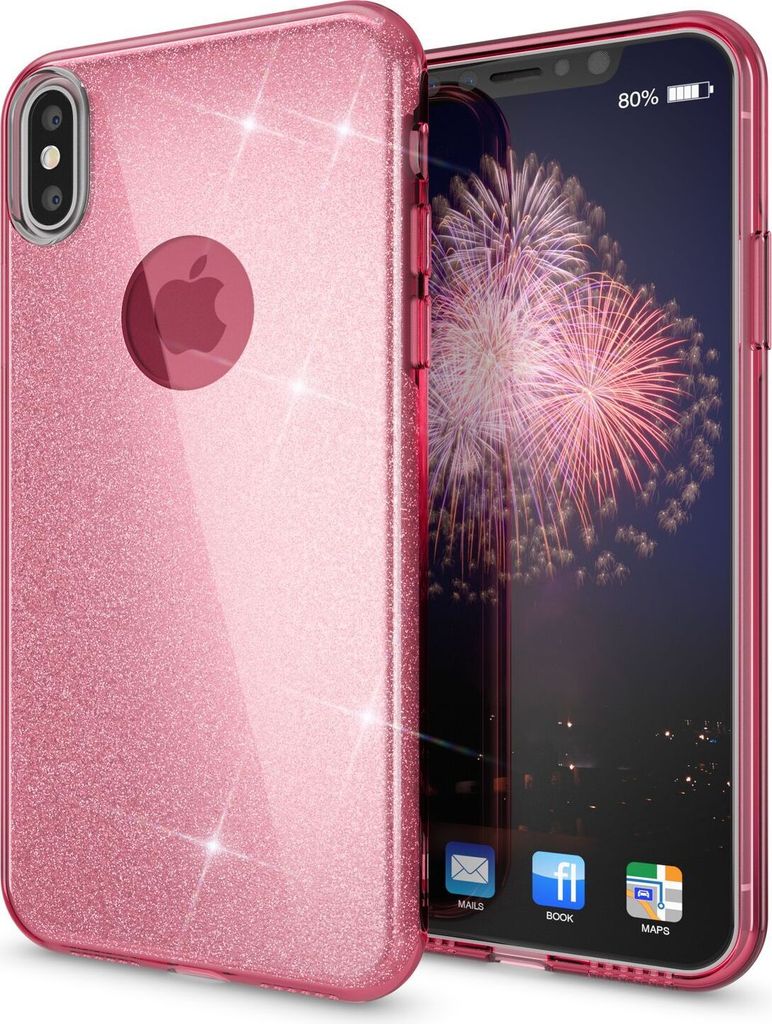 NALIA Glitzer Hülle für iPhone X XS, Slim 3in1 Handy Schutz Case Back Cover Etui Pink