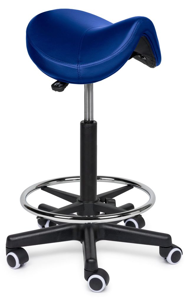 Premium Sattelhocker Blau Auf Räder - Hoch (70-84cm) / mit Fußstütze / Lagerräder