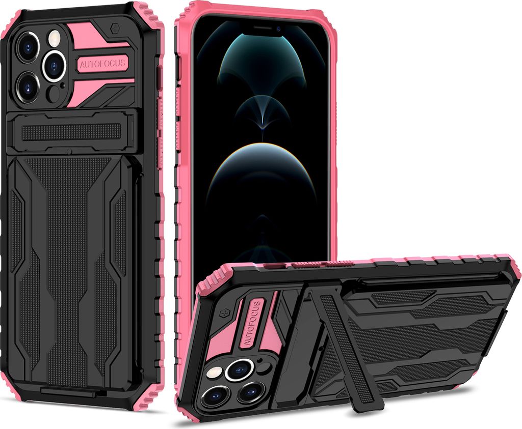 iPhone 12 Pro Hülle, Hybrid Robust Schutz Stoßfest Schutzhülle mit Kartenhalter Ständer für iPhone 12 Pro Rosa