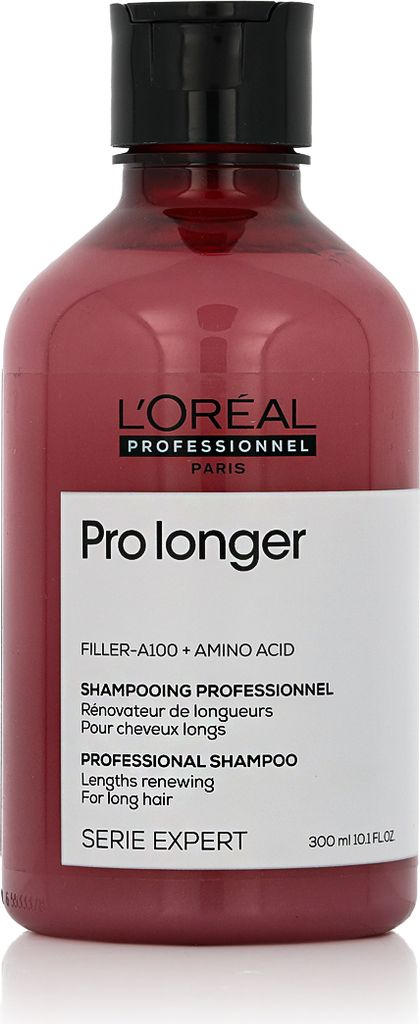 A front view of a red L'Oréal Professionnel shampoo bottle with a black pump dispenser.