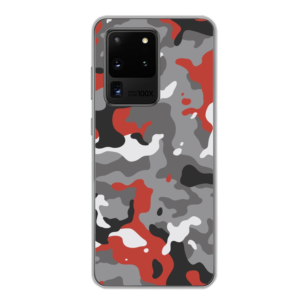 MuchoWow Handyhülle Schutzhülle Hülle für Samsung Galaxy S20 Ultra Camouflage-Muster mit roten Akzenten Silikon Softcase Handy Hülle - Karte...