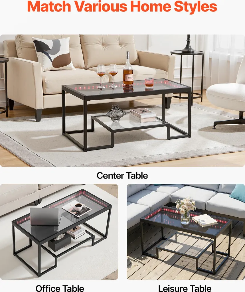 Table Basse Design avec Éclairage LED et Double Plateau Verre Noir - 7