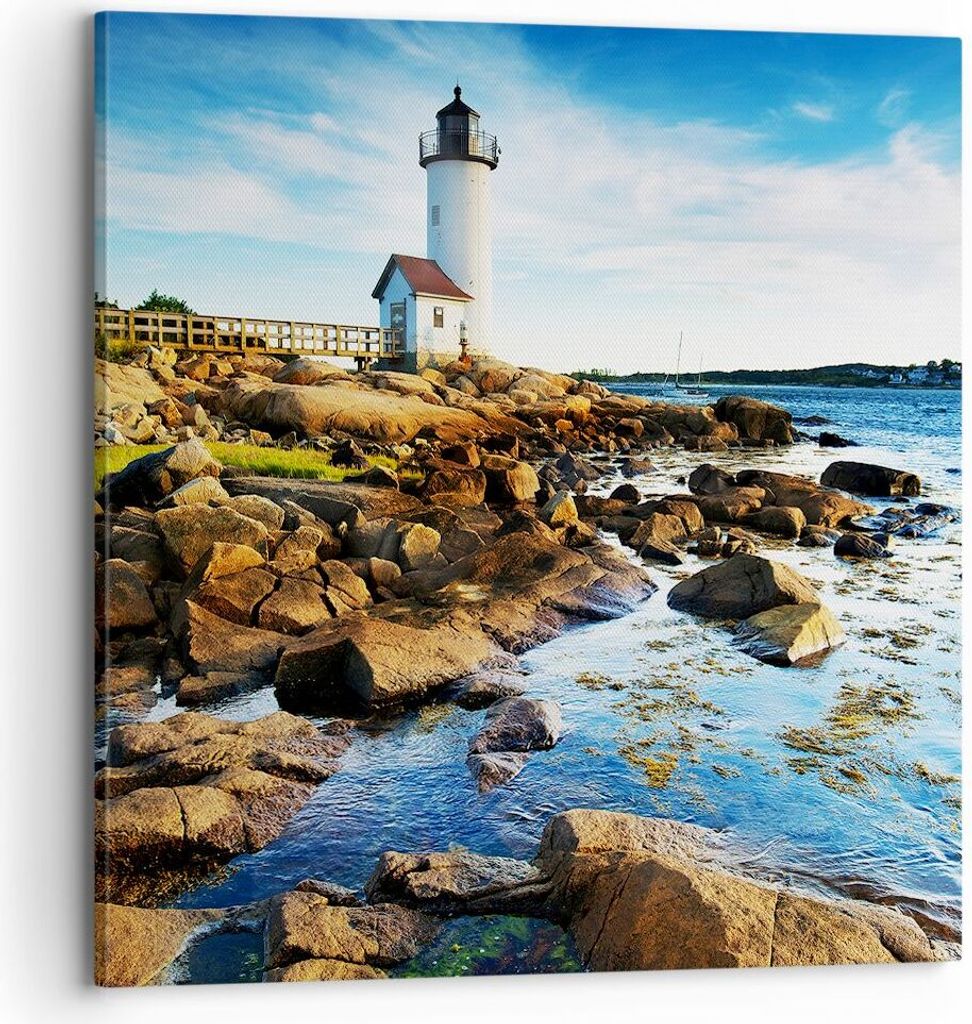 Bild auf Leinwand - Leinwandbild - Leuchtturm Ufer Wolke Landschaft - 70x70cm - Wand Bild - Wanddeko - Leinwanddruck - Bilder - Kunstdruck - Wandde...