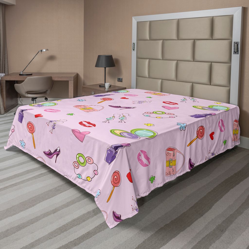 ABAKUHAUS Prinzessin Bettlaken, Nett Mädchen Illustration Mit Mode Accessoires Und Make Up Lollipop Flower Druck, weiches bequemes oberes Bettlake...