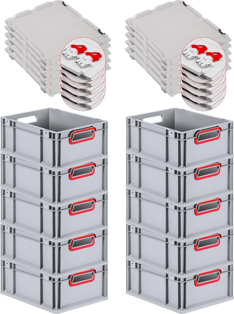 SuperSparSet 10x Eurobox NextGen Color mit Scharnierdeckel und Schiebeschnappverschlüssen | HxBxT 17x30x40cm | 16 Liter | Grau | Griffe rot offen ...