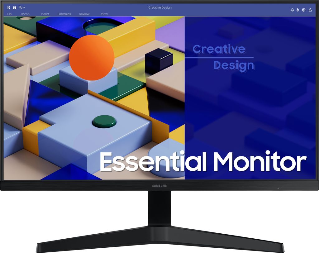A Samsung monitor displaying abstract geometric shapes and text.