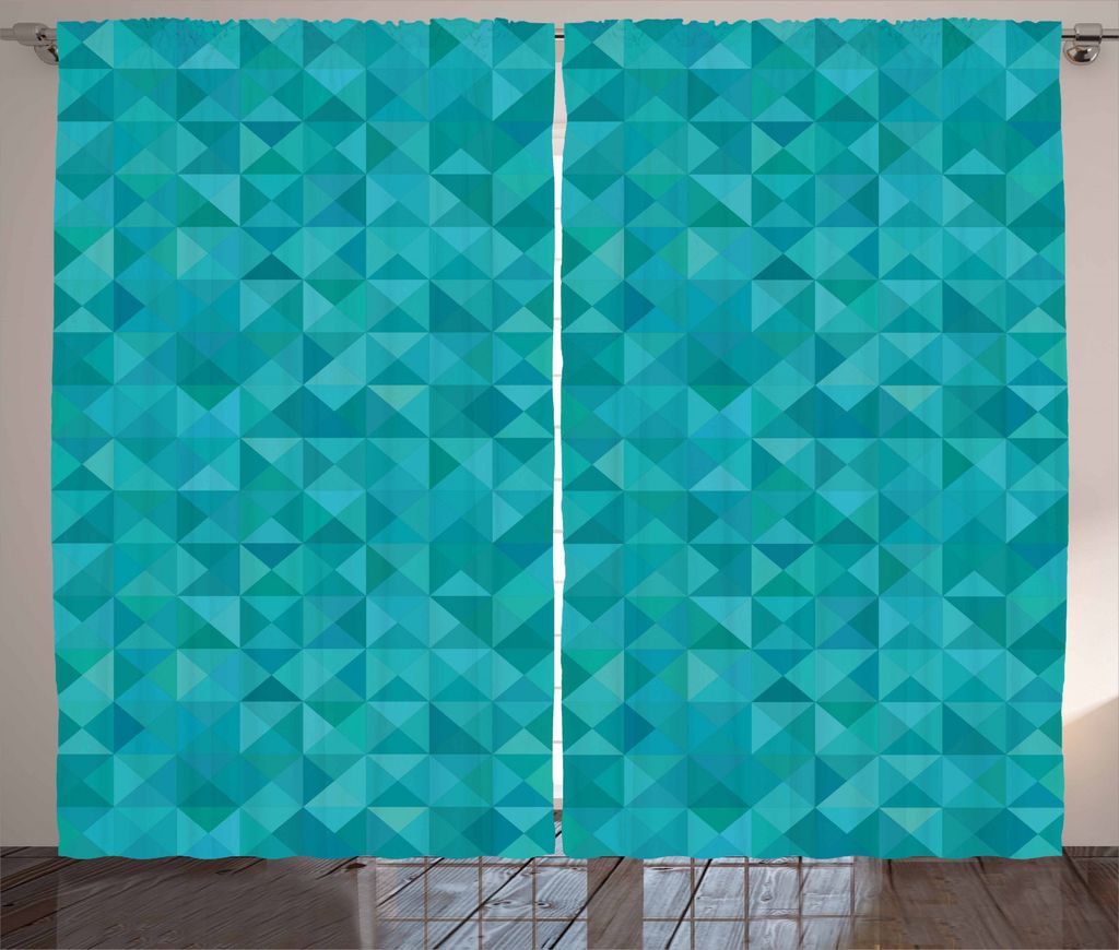 ABAKUHAUS Teal Rustikaler Gardine, Triangles Squares Moderne, Schlafzimmer Kräuselband Vorhang mit Schlaufen und Haken, 280 x 245 cm, Türkis Aqua