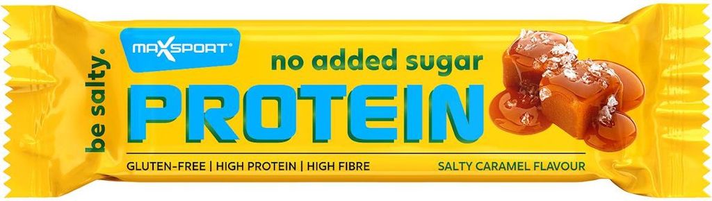PROTEINRIEGEL MIT SALZIGEM KARAMELLGESCHMACK IN MILCHSCHOKOLADE, OHNE ZUCKERZUSATZ, GLUTENFREI, 40 g – MAXSPORT