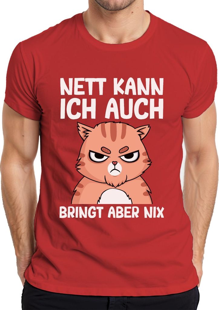 Nett kann ich auch lustiger Katzenspruch Cartoonkatze Humor Witz Herren T-Shirt, Rot, M