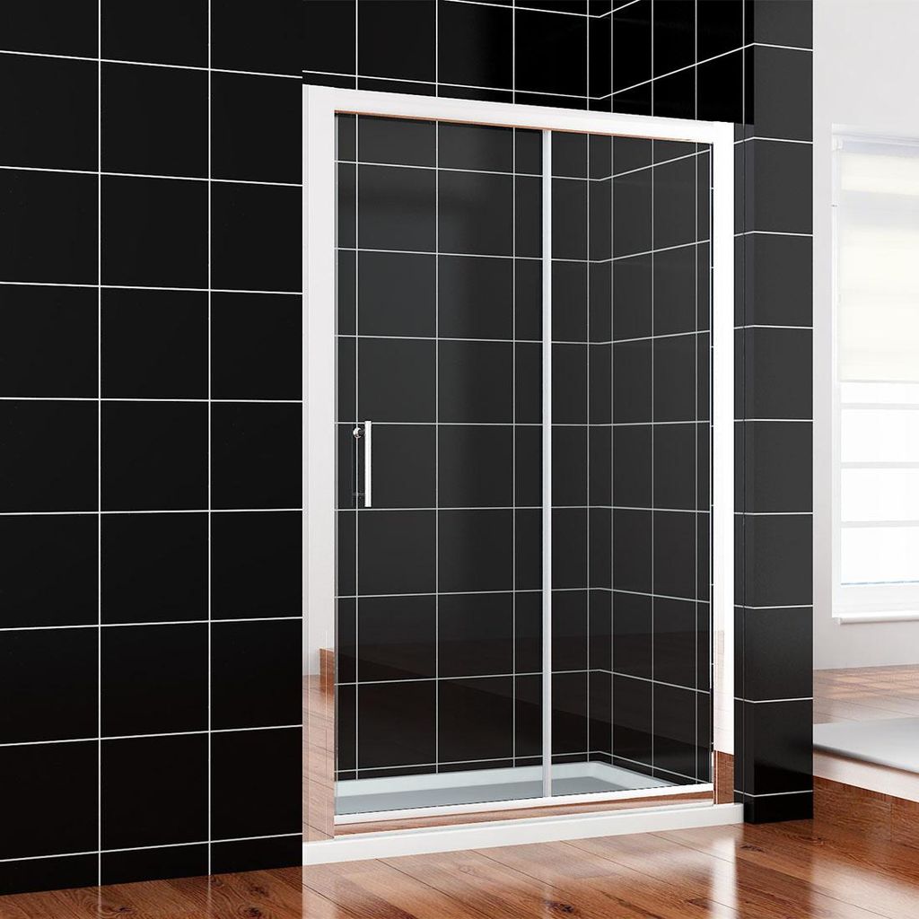 SONNI 140 x 185 cm silber-weiße Duschkabine, Schiebetür, obere und untere Schiene, 5 mm Glas, Türrahmen mit 20 mm Verstellbereich