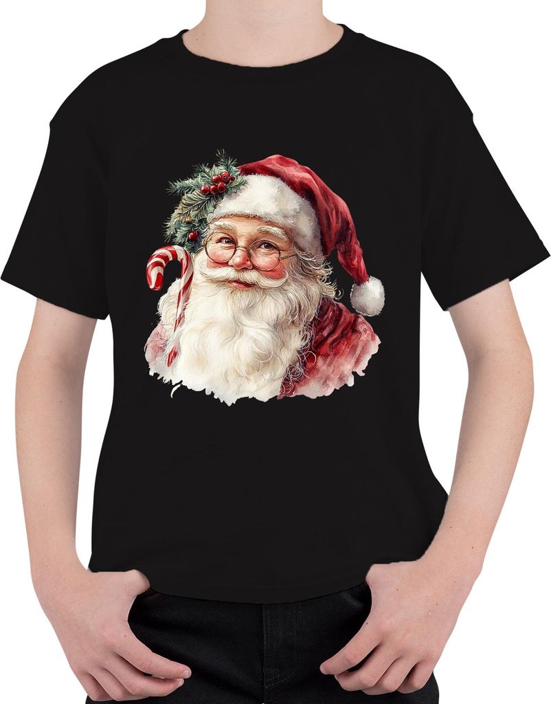 Weihnachtsmann Zuckerstange Bart Brille Aquarell Weihnachten Uni Kinder T-Shirt, Schwarz, 152