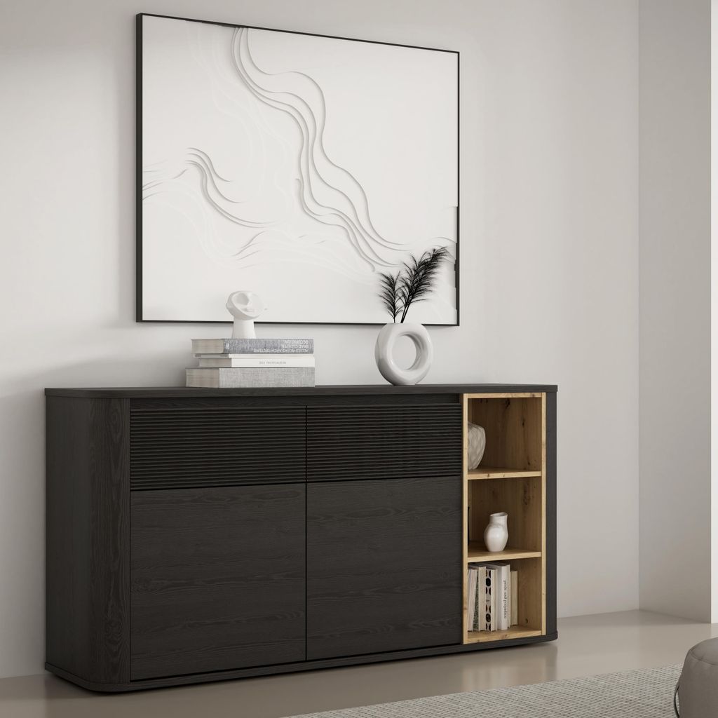 Forte BREATHTAKER Sideboard 160, modern minimalistisch, 2-türig, 2 Schubladen, Regalfach, Reliefstruktur, Holzwerkstoff, Schwarz/Artisan Eiche Hol...