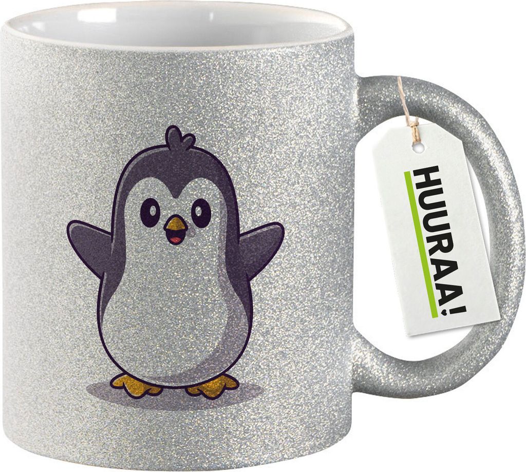 Huuraa Glitzertasse Pinguin Comic 330ml Silber Keramik Kaffeebecher Geschenkidee