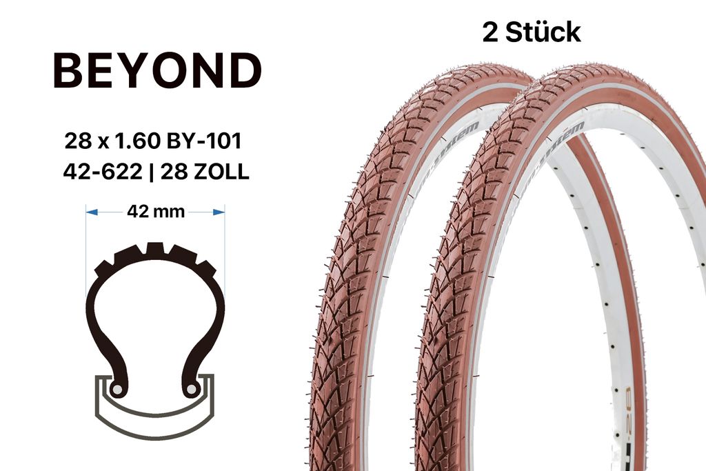 2 Stück 28x1.60 Fahrrad Reifen 42-622 RETRO City Trekking Bike Braun Reflex
