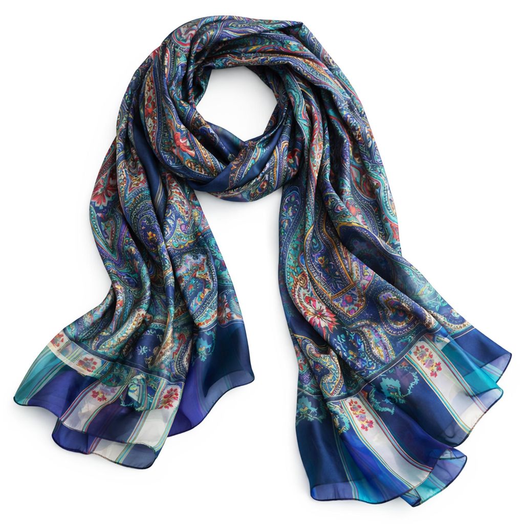 Seidenschal Damen 100% Seide Blau Paisley Schal groß Produktbild 