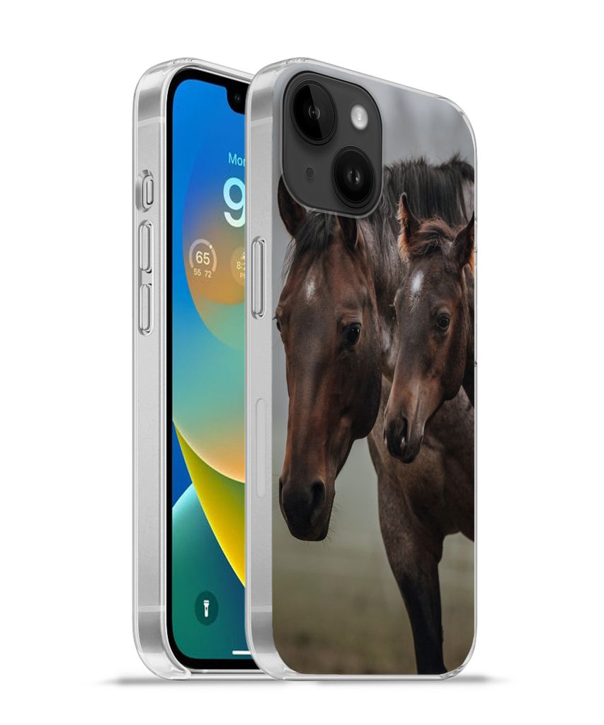 MuchoWow Handyhülle Schutzhülle Hülle für Apple iPhone 14 - Softcase Pferde - Nebel - Landschaft Silikon Softcase Handy Hülle - Mobiltelefon...