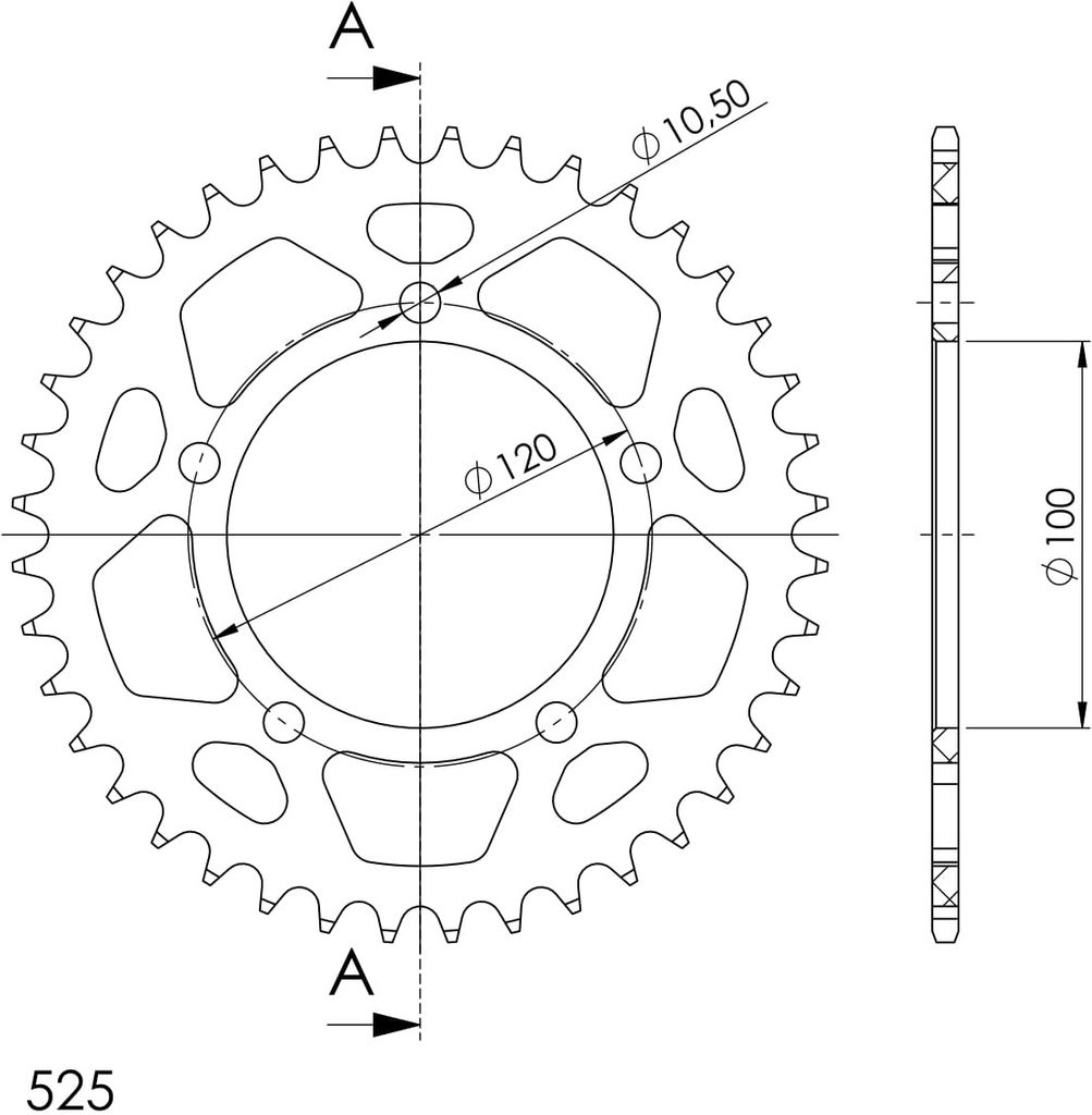 Alu-Kettenrad Supersprox 525 - 40Z (schwarz) RAL-702:40-BLK|ID 100,0 LK 120,0 5-Loch