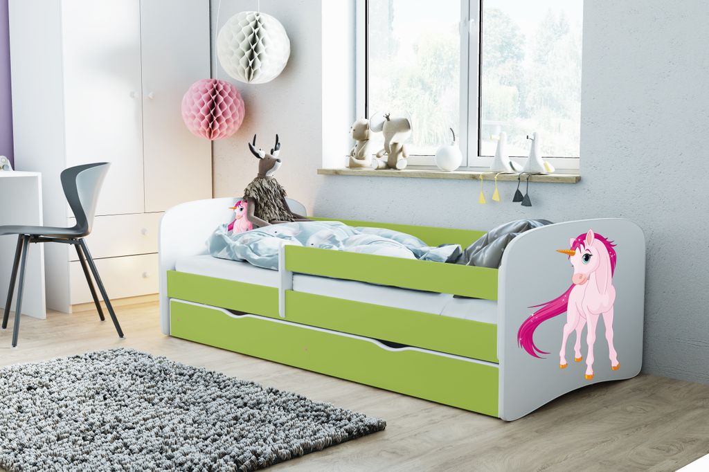 Kinderbett Jugendbett 80x180 cm Grün mit Matratze Rausfallschutz Schublade und Lattenrost Kinderbetten für Mädchen und Junge - Einhorn_2