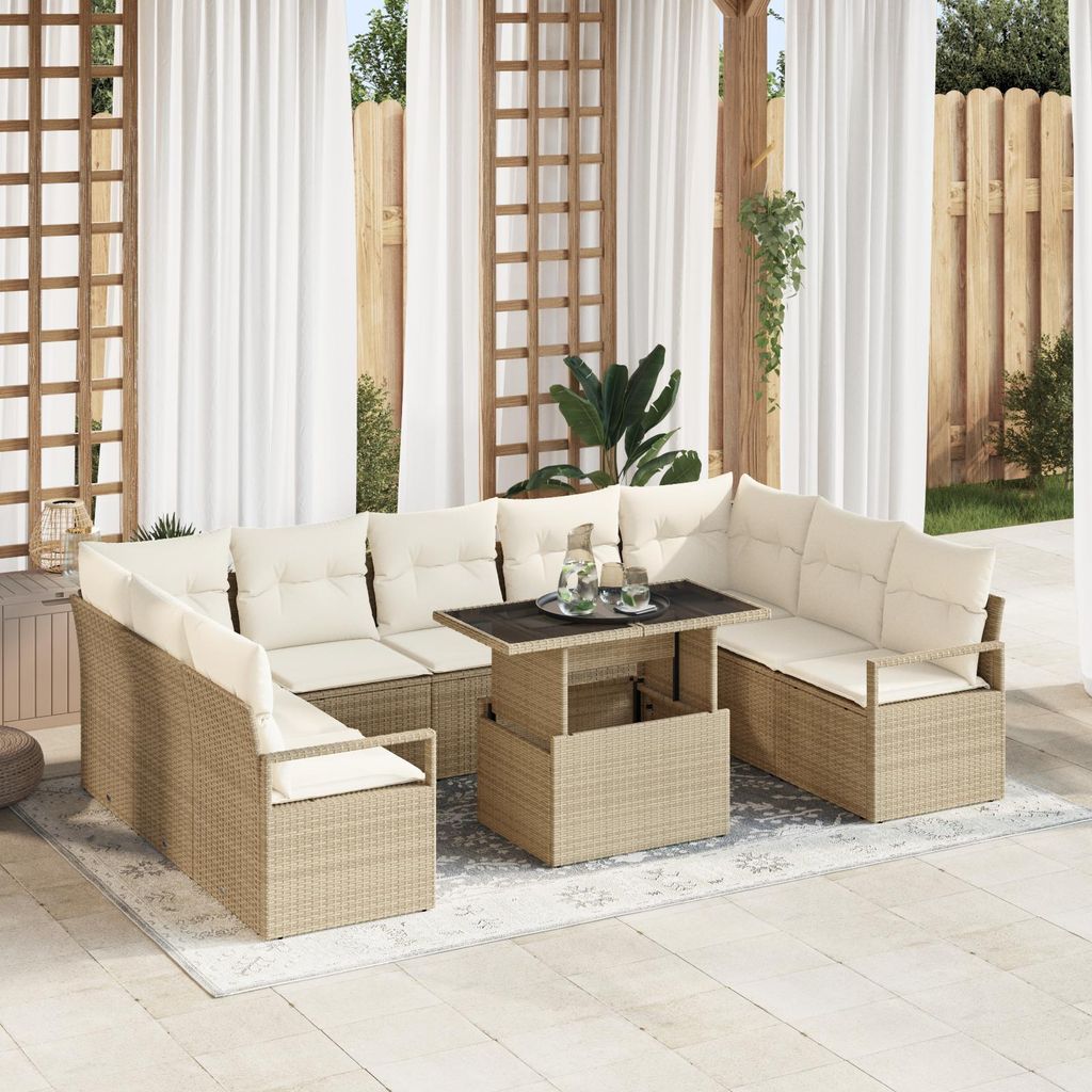 Desgin 10-teilige Garten Sofagarnitur mit Kissen Beige Poly Rattan - Gartensofas 3357624