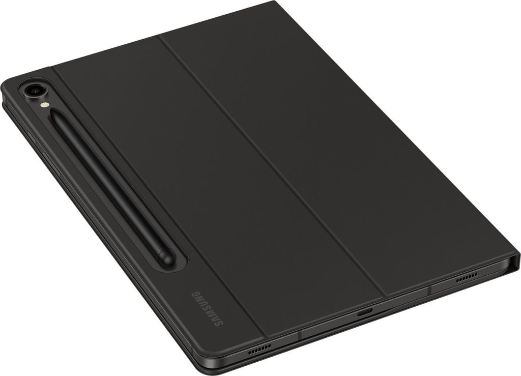 A black tablet case with a stylus holder is shown on a white background.