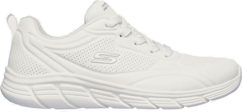 A white Skechers sneaker is shown from the side against a white background.