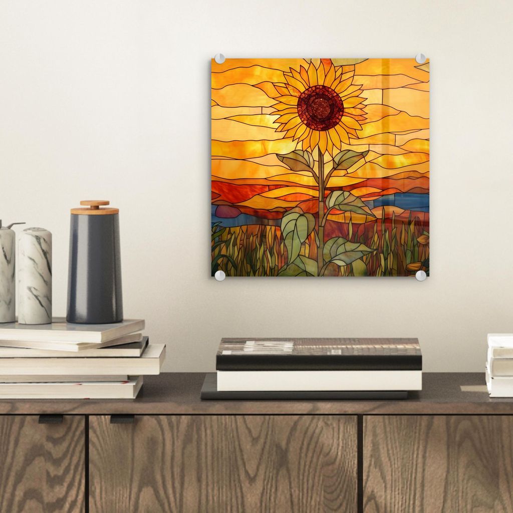 MuchoWow Glasbilder - Bilder auf Wandbild - Foto auf Glas Sonnenblume - Mosaik - Sonnenuntergang - Gelb 30x30 cm Wanddekoration aus Glas - Acrylgla...