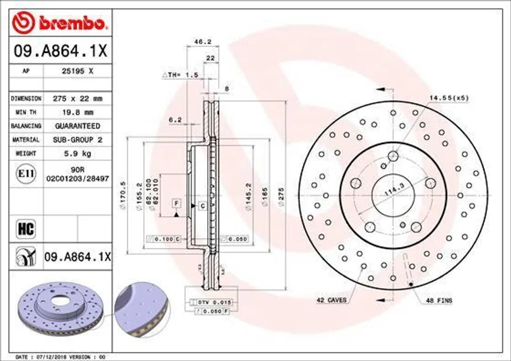 Disque de frein Brembo 09.A864.1X Haute Teneur en Carbone 4351212670 OE