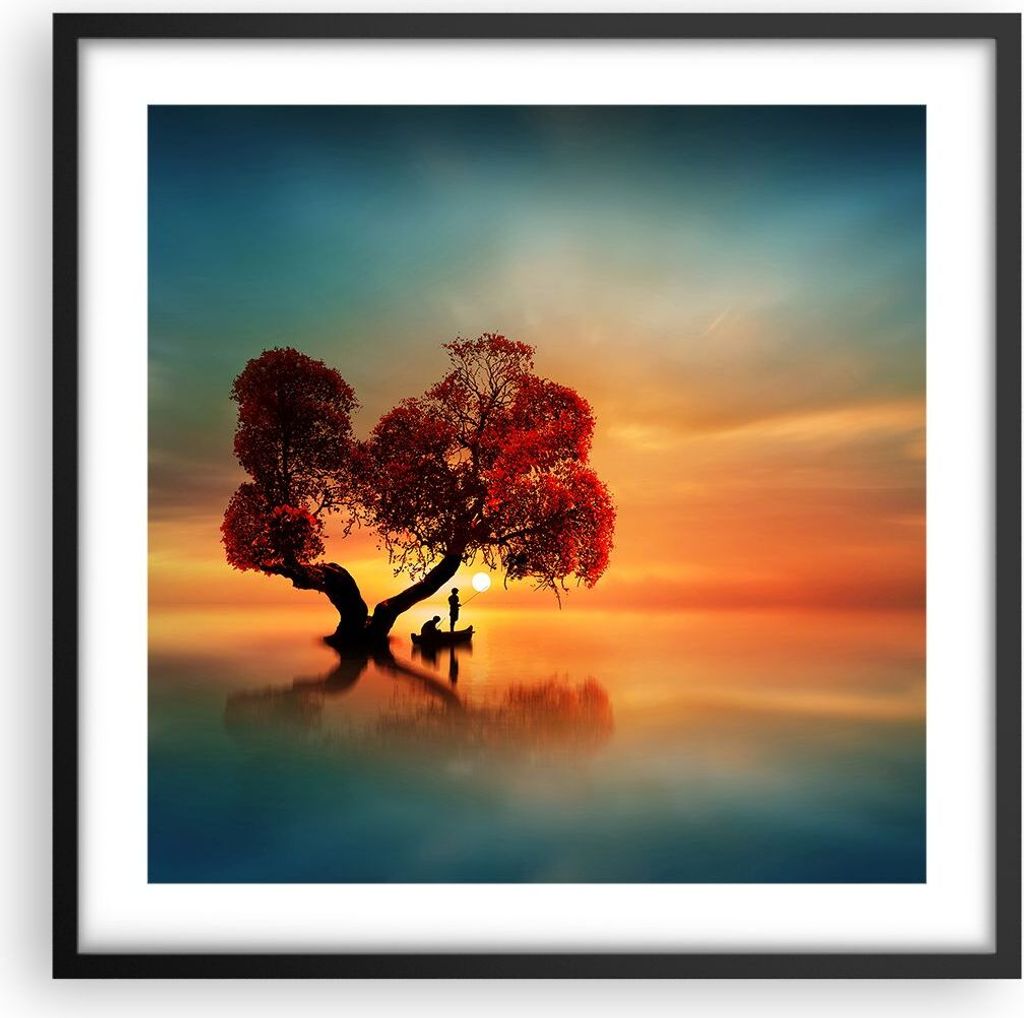 Gerahmtes Poster - Schwarzer Rahmen - See Natur Nacht - 50x50 cm - Wand Bild - Wanddeko - Wandbilder - Kunstposter - Wandposter - Bilderrahmen - Bi...