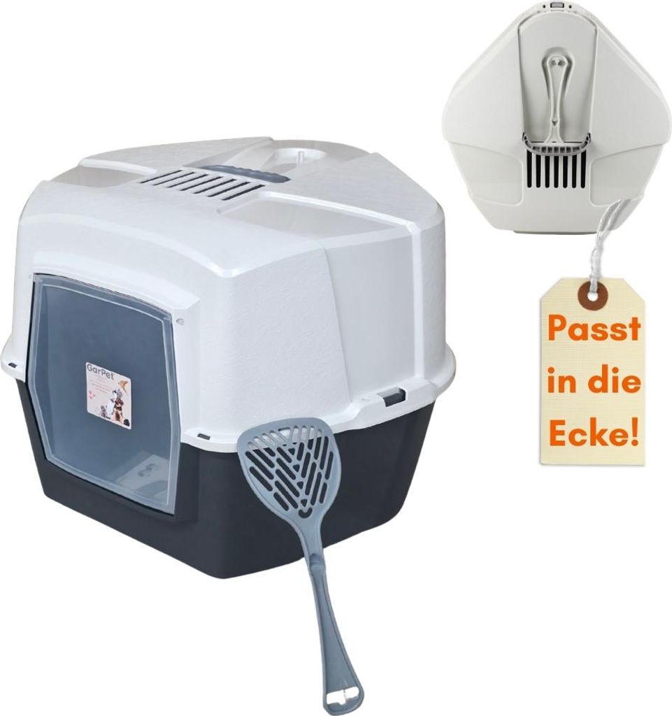 A cat litter box with a scoop and a tag.