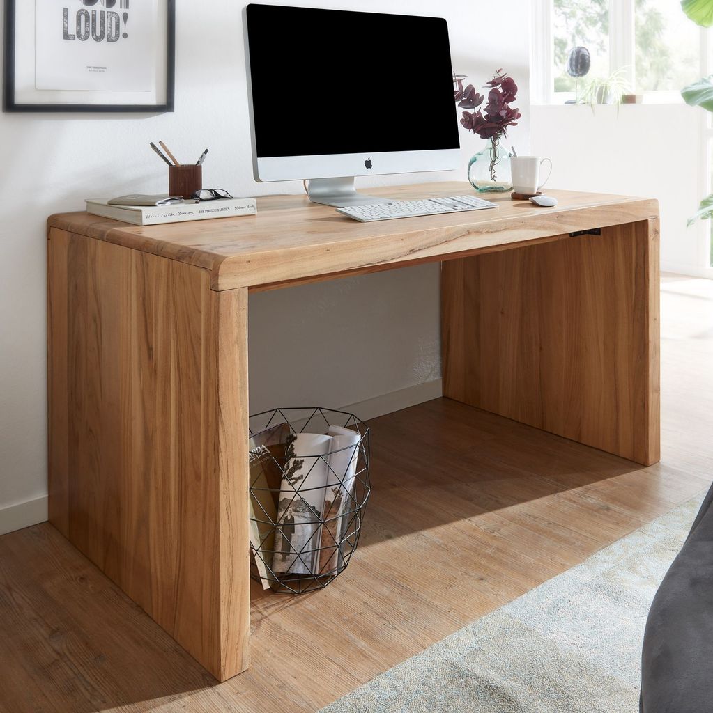 FineBuy Schreibtisch Massiv-Holz Akazie 140 cm Computertisch Echtholz Design Ablage Büro-Tisch Landhaus