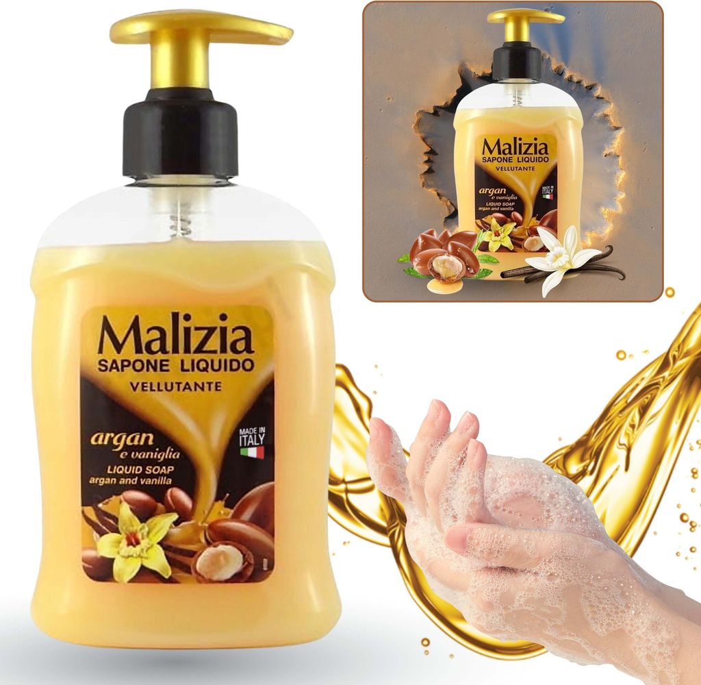 Malizia Samtige Flüssigseife, mit Pumpe - Arganöl und Vanille 300 ml