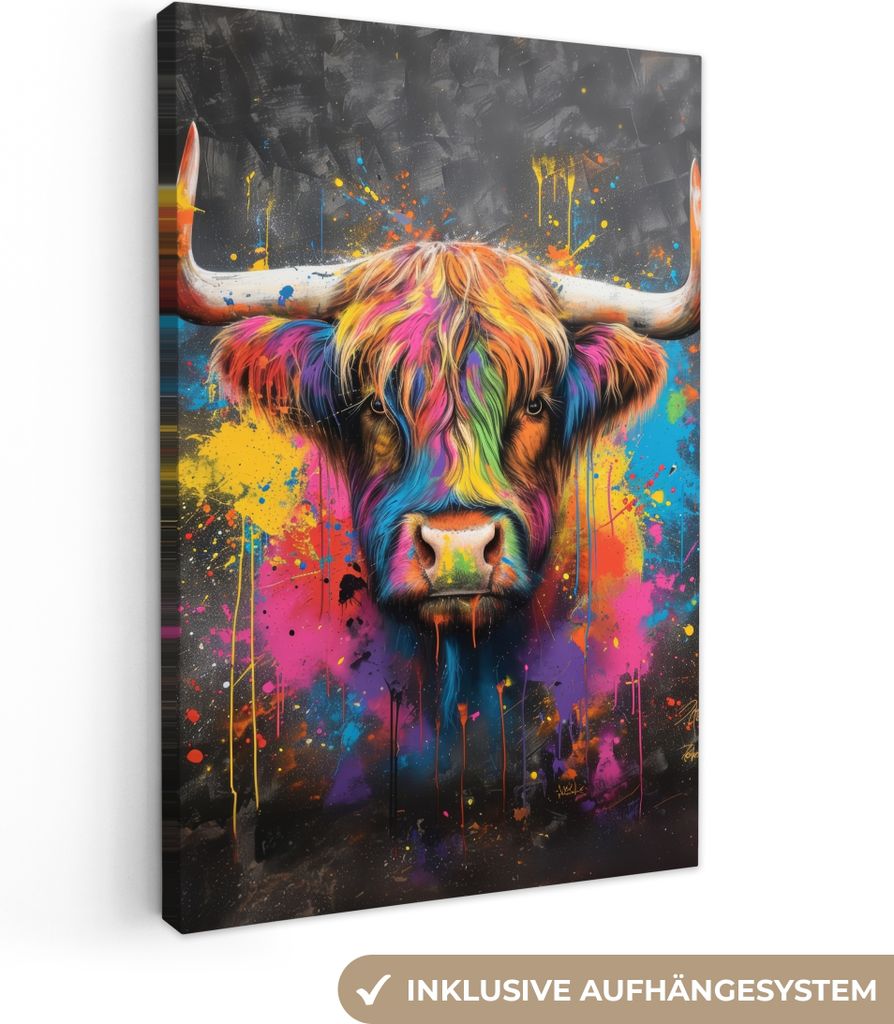 Leinwandbilder 40x60 cm - Graffiti - Schottisches Hochlandrind - Kuh - Farbenfroh, Bilder Wohnzimmer Modern, Wanddeko