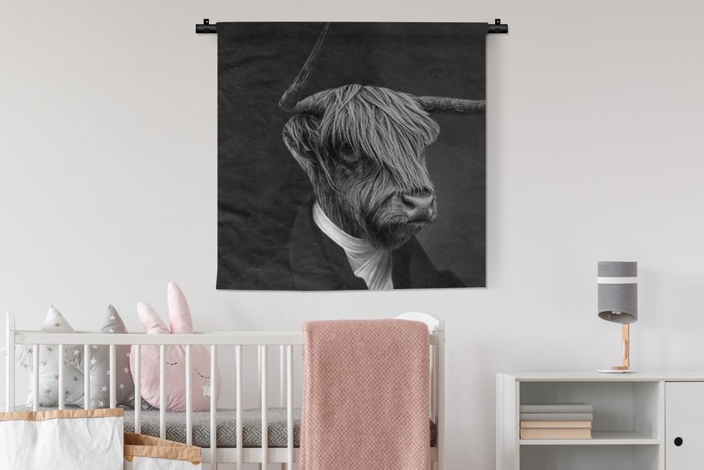 MuchoWow Wandteppich Wandbehang Alte Meister - Schottisches Hochlandrind - Schwarz und Weiß 90x90 cm Tapisserie Dekoration Wandtuch - Wandaufhä...