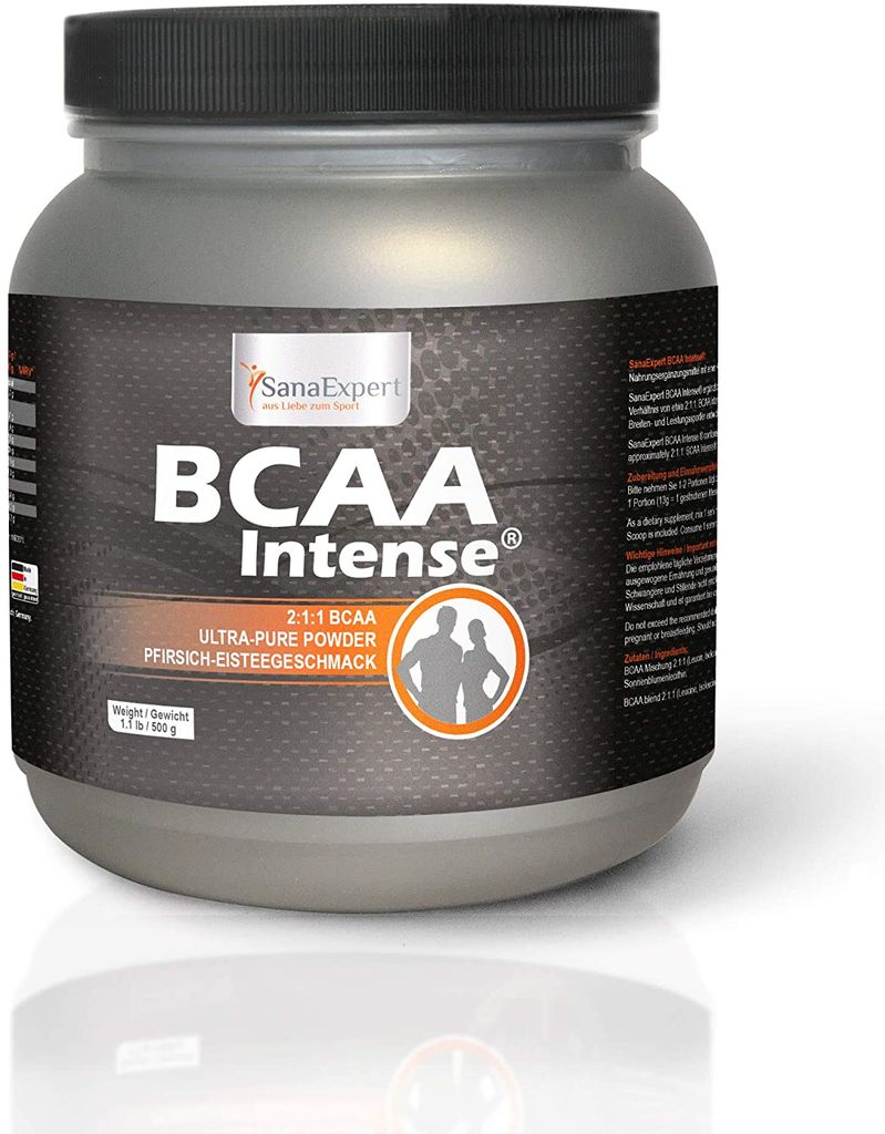 SanaExpert BCAA Intense, Aminosäuren 2:1:1, L-Leucin, L-Valin und L-Isoleucin, Pulver für 38 Portionen Sportgetränk, Pfirsich-Eistee-Geschmack, ...