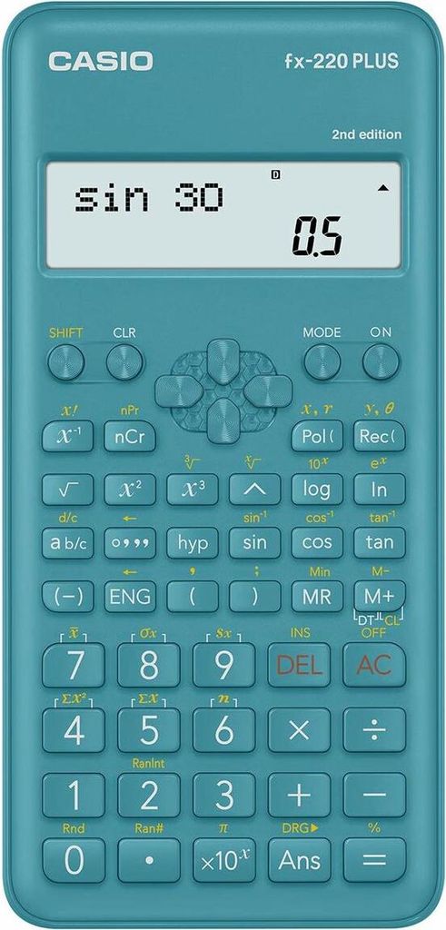 A teal Casio Fx-220Plus-2 scientific calculator is shown against a white background. The calculator's screen displays 'sin 30' and '0.5'.