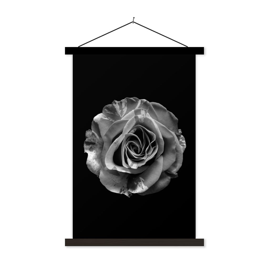 MuchoWow Textilposter Blumen - Rose - Schwarz - Weiß - Botanisch 60x90 cm mit schwarzem Rahmen - Poster Wohnzimmer