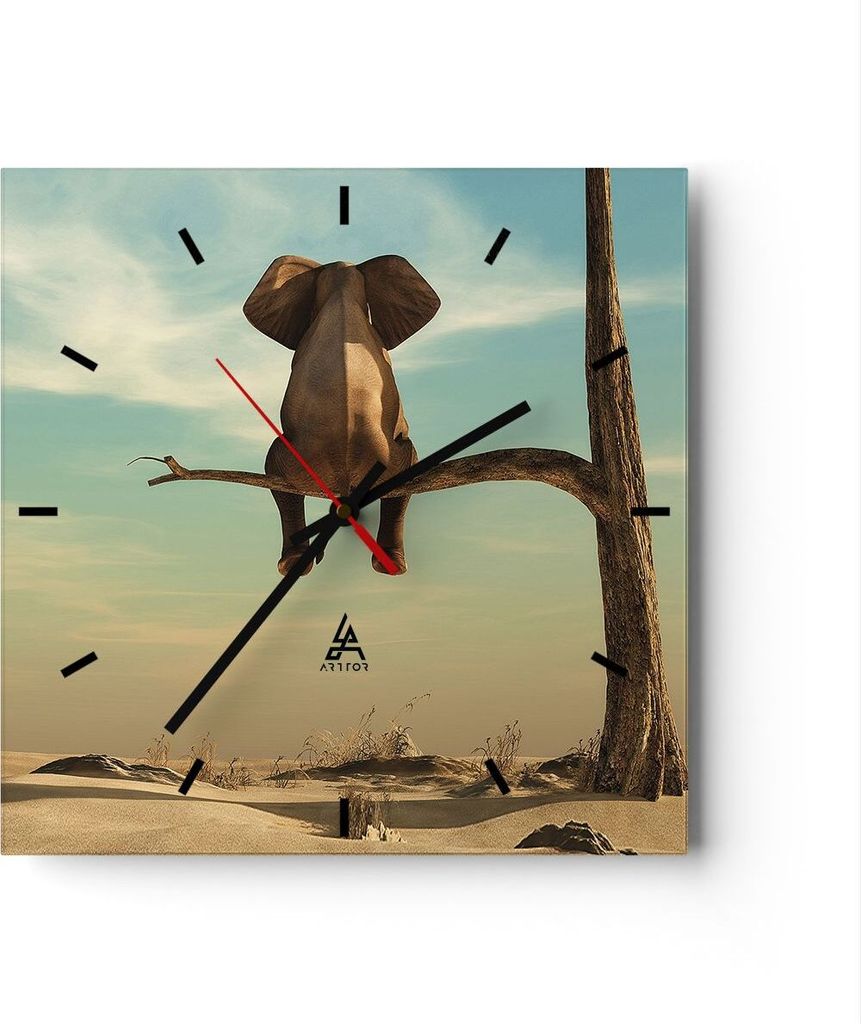 Wanduhr - Quadrat - Glasuhr - Elefant sitzend Ast - 30x30cm - Schleichendes Uhrwerk - Lautlos - zum Aufhängen bereit - Dekoration Modern - Wanddek...