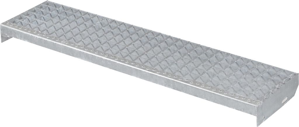 A single metal stair tread with a diamond plate pattern.