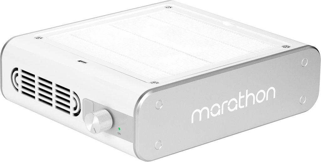 A white and silver electronic device with the brand name 'marathon' visible.