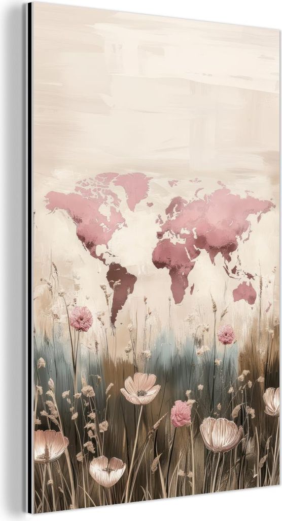 MuchoWow Wanddekoration Metall Metallbild Wandkunst 100x150 cm Weltkarte - Rosa - Blumen MuchoWow Aluminium Gemälde - Bild