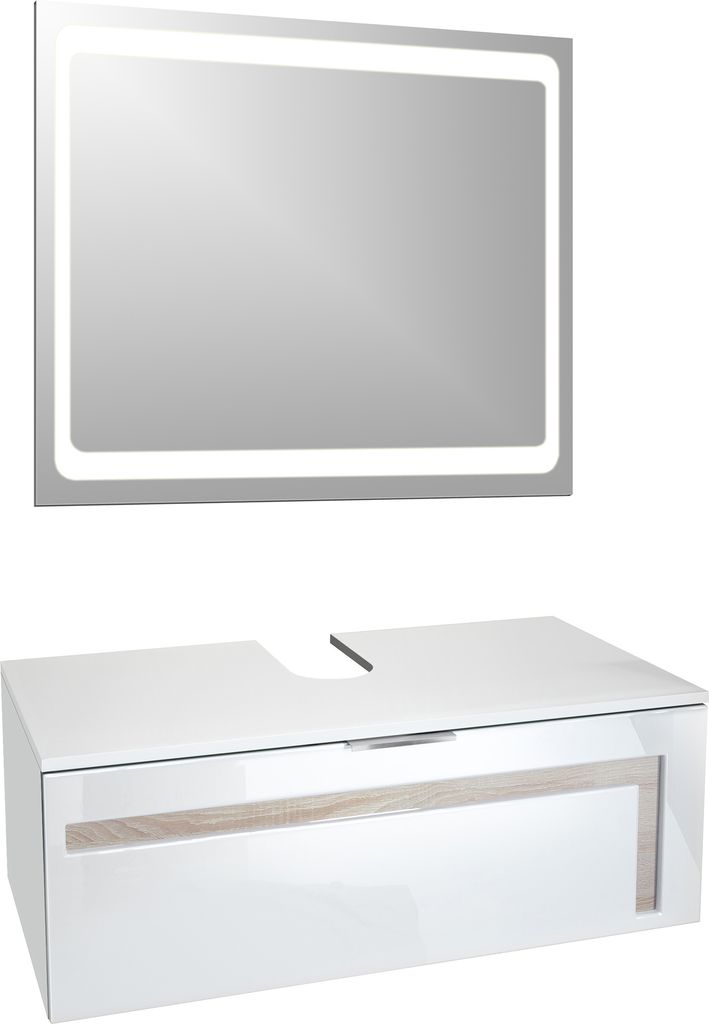 Vladon Waschtisch Waschbecken Unterschrank Aloha V2, Germany, Korpus in Weiß matt / Fronten in Weiß Hochglanz mit Absetzungen in Eiche sägerau, ...