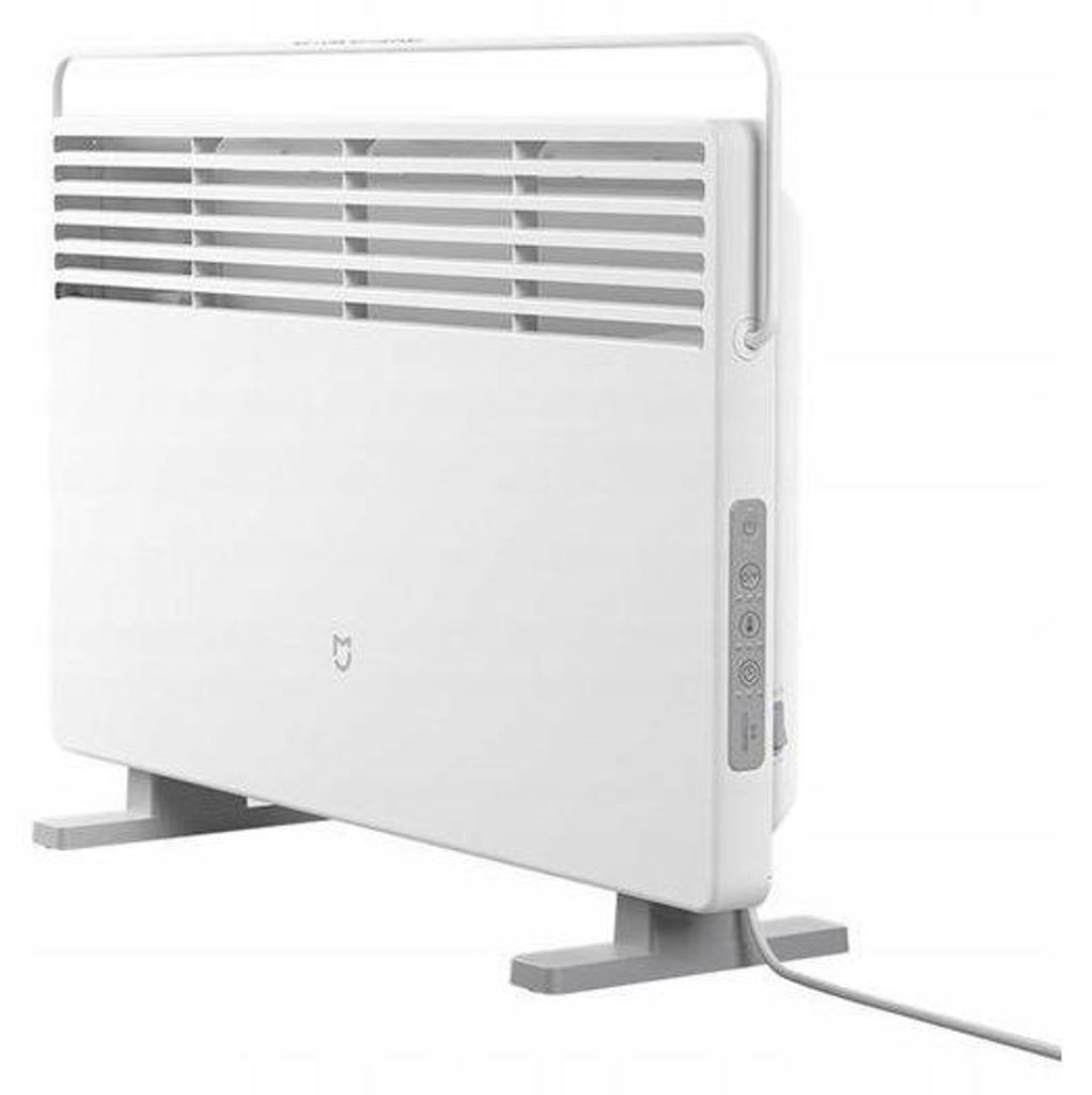 A white electric heater with a handle and legs, shown from a side angle against a white background.