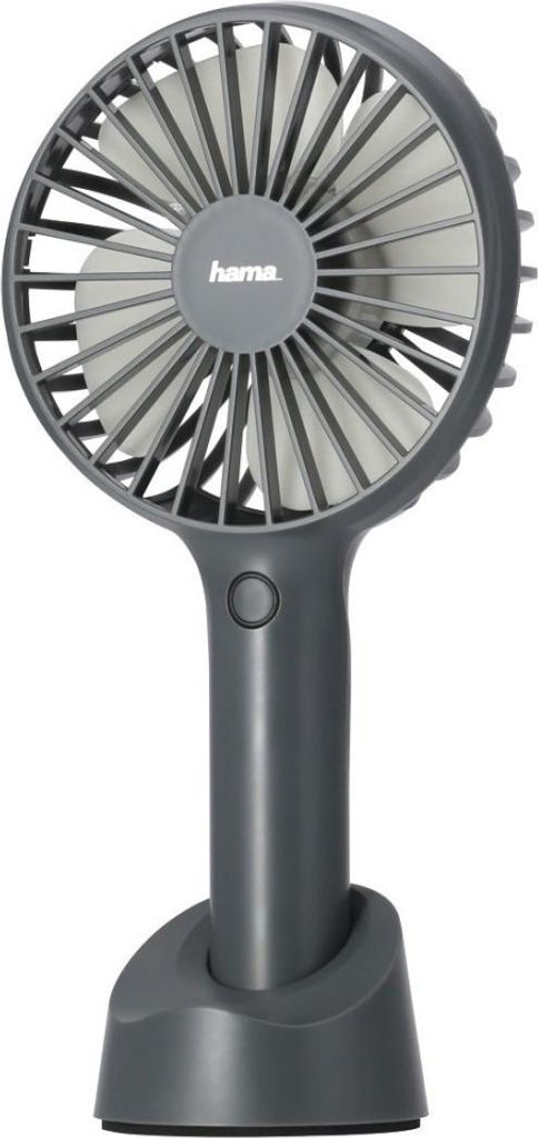 A dark gray portable fan with its charging stand, isolated on a white background.