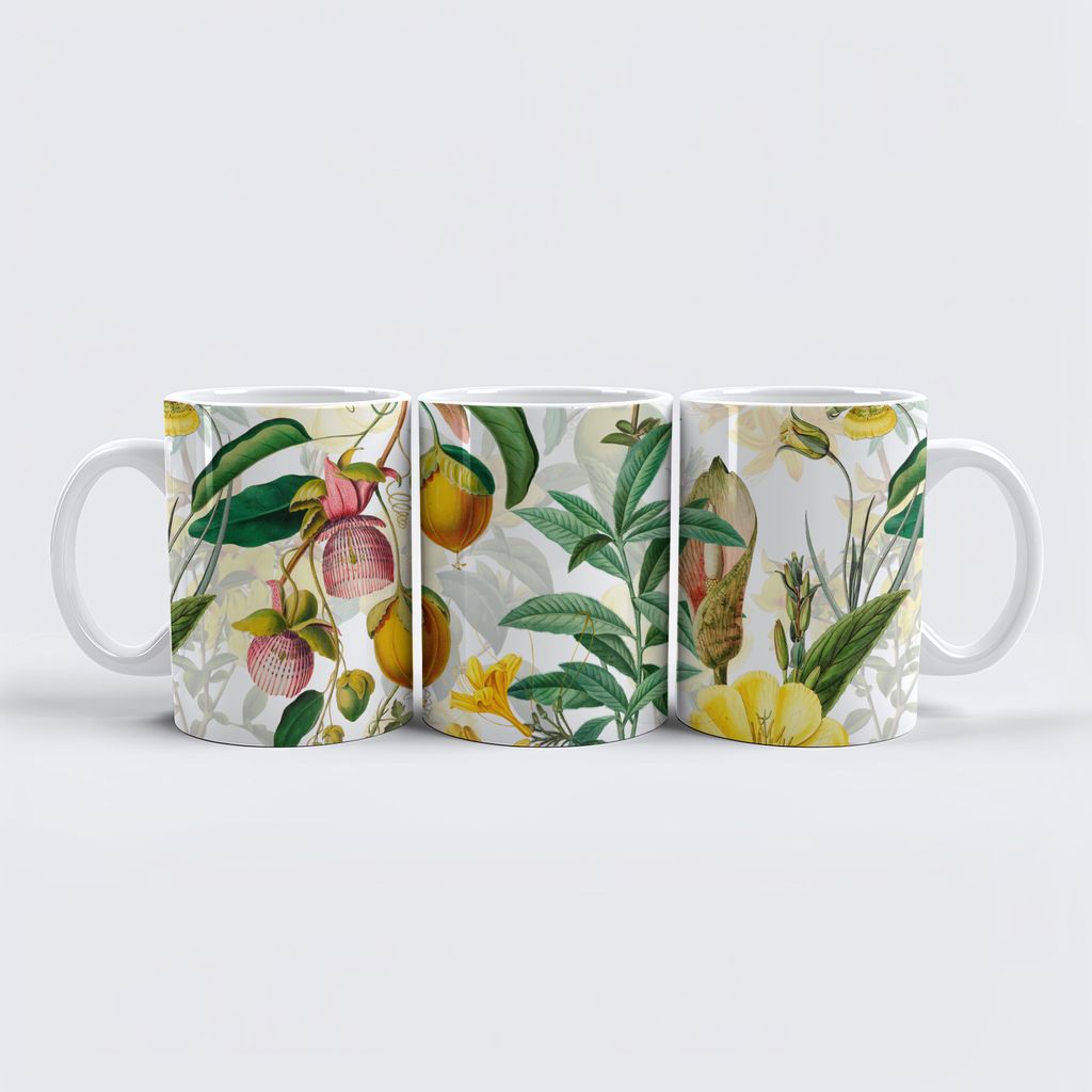 raxxa Premium-Tasse "Exotische Eleganz: Vintage-Dschungel mit Gelben Blumen und Blättern"